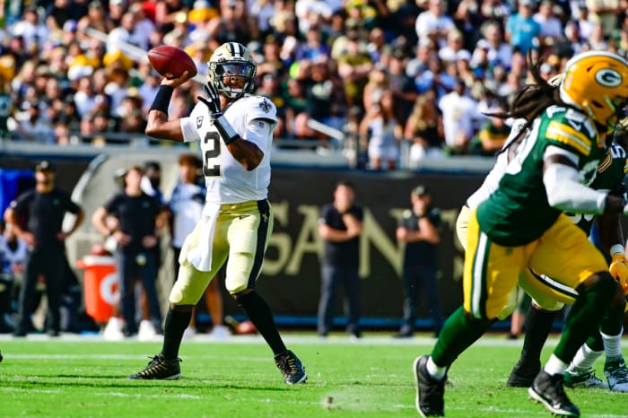 Sep 12, 2021; Jacksonville, Florida, USA; New Orleans Saints quarterback Jameis Winston (2) throws during the first half Green Bay Packers at TIAA Bank Field. Mandatory Credit: Tommy Gilligan-USA TODAY Sports
